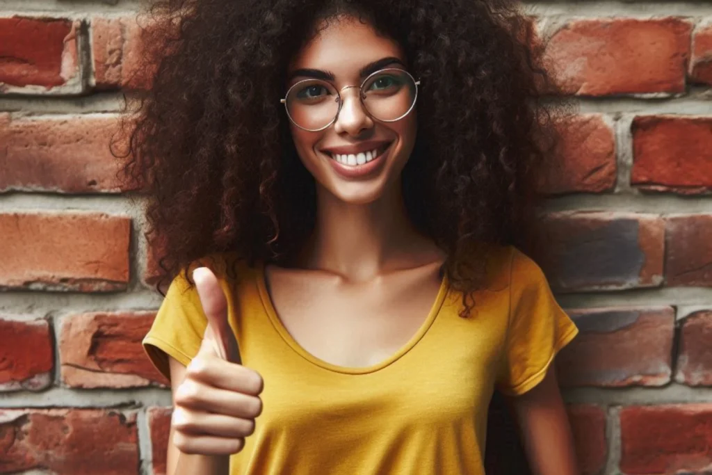 A imagem mostra uma pessoa em pé na frente de uma parede de tijolos. Ela está usando uma blusa amarela e tem cabelos cacheados. Ela está fazendo um gesto de polegar para cima com a mão direita.