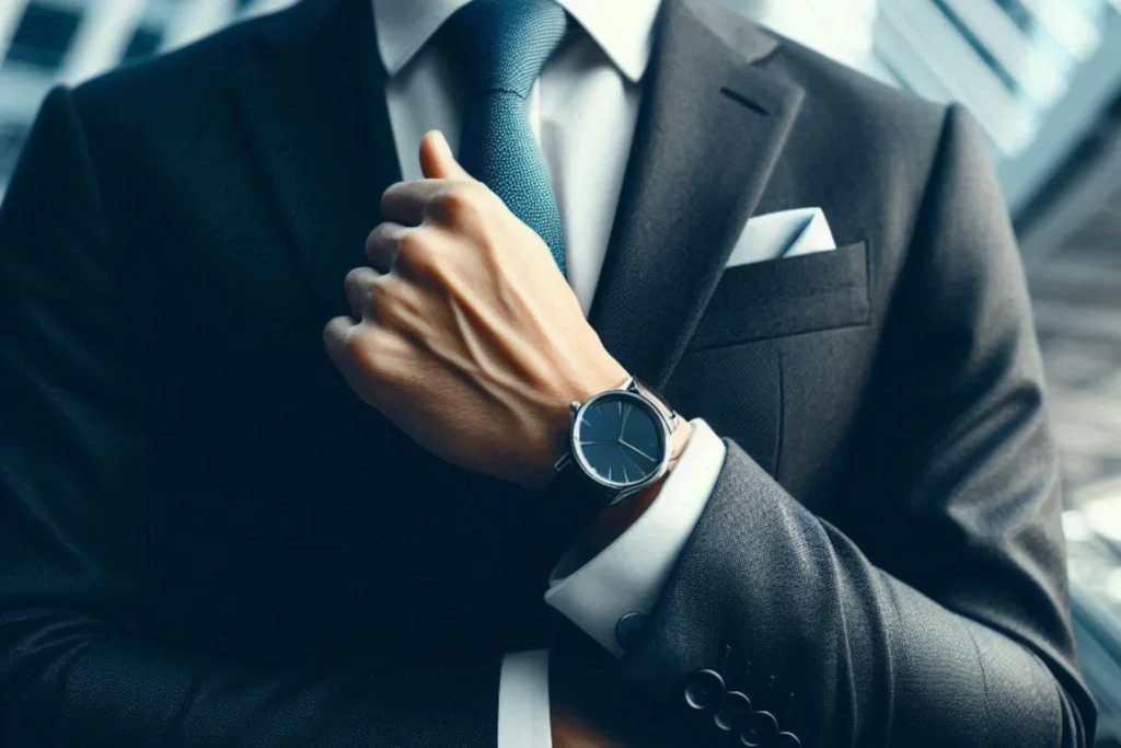 A imagem mostra um close-up de uma pessoa usando um terno escuro e ajustando uma gravata azul com a mão esquerda. A pessoa também está usando um relógio de pulso no pulso esquerdo. O foco está no torso da pessoa, na mão e nos acessórios que ela está usando, incluindo o relógio e a gravata. O fundo está borrado, mas parece ser um ambiente interno com luz natural, possivelmente sugerindo um ambiente profissional ou de negócios.