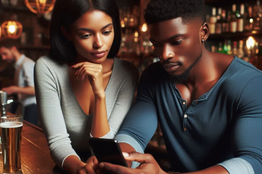 A imagem mostra duas pessoas sentadas em um bar, com os rostos borrados por pixelização. Uma delas parece estar segurando um smartphone, e há um copo que aparenta conter cerveja sobre a mesa. O cenário sugere uma atividade social ou de lazer, possivelmente em um local público como um pub ou restaurante.