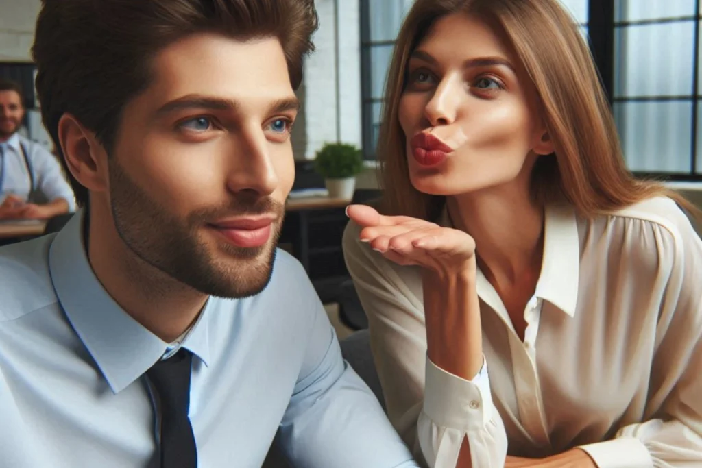 A imagem mostra duas pessoas sentadas em uma mesa. A pessoa à esquerda parece estar usando um terno e gravata, sugerindo um ambiente formal ou de negócios. A pessoa à direita está vestindo uma blusa de cor clara. Há outra pessoa ao fundo, parcialmente visível e fora de foco.