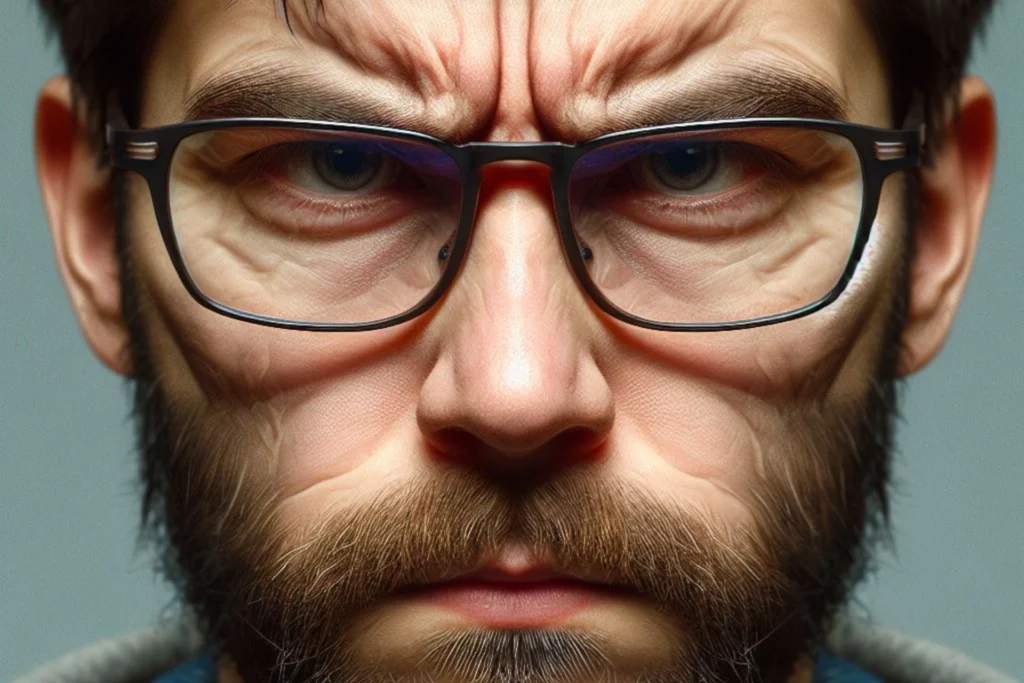 A imagem mostra o rosto de um homem usando óculos. Ele está com uma expressão de insatisfação, possivelmente frustração e raiva.