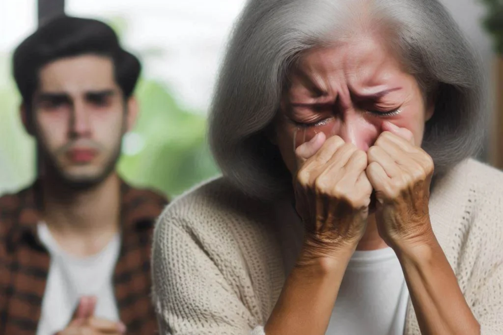 A imagem mostra duas pessoas. A pessoa em primeiro plano parece ser mais velha, com cabelo grisalho, vestindo um suéter de cor creme e segurando as mãos perto do rosto, em um gesto que pode indicar emoção ou contemplação. Ao fundo, há outra pessoa vestindo uma camisa escura. A cena parece ser em um ambiente interno com luz natural vindo de trás, possivelmente através de uma janela.